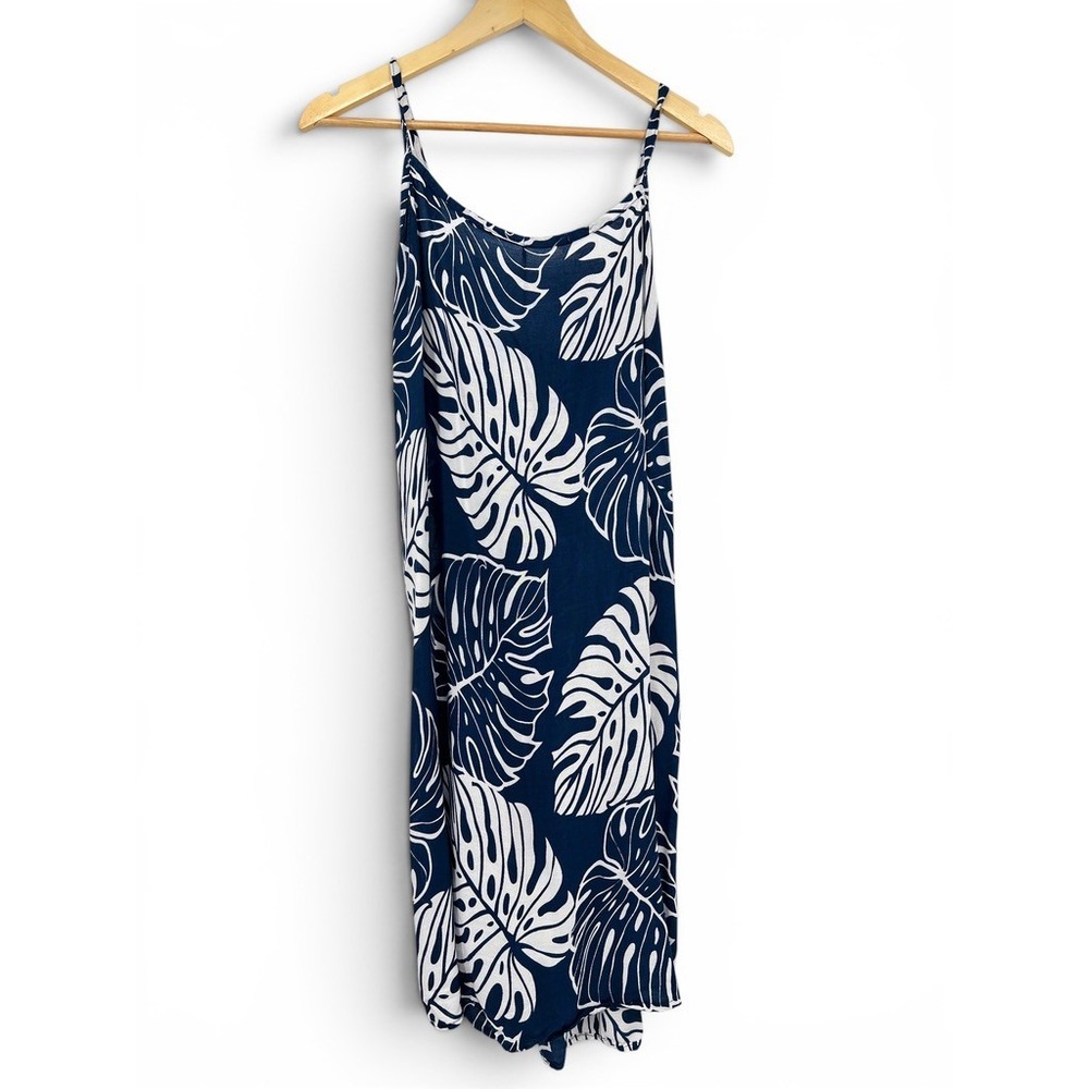Na‎ Pua Collection Honolulu Blue White Monstera Leaf Tropical Rayon Slip Dress